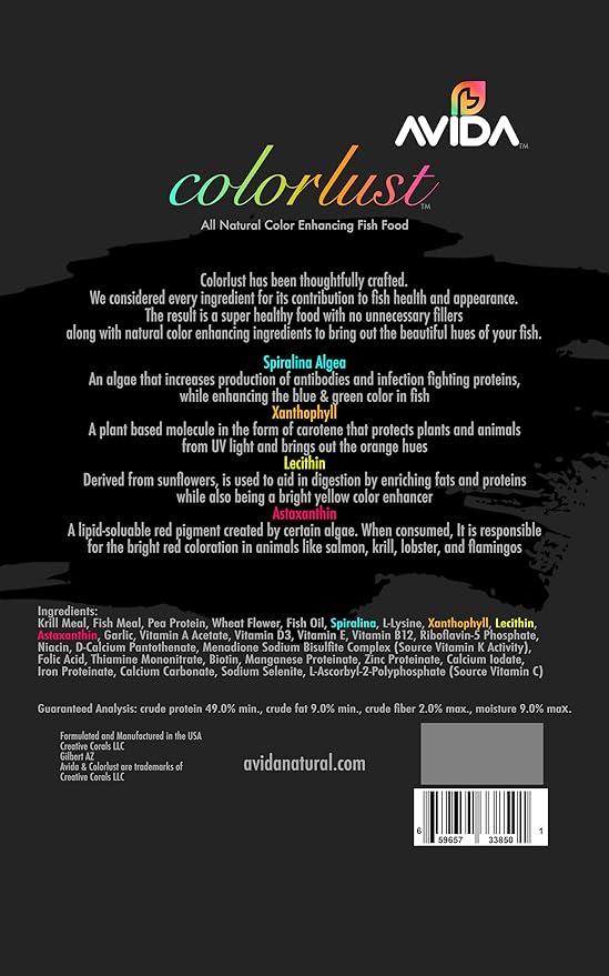 AVIDA Colorlust 8.2oz | All Natural Color Enhancing Fish Food with Astaxanthin | Small Sinking Pellet (0.5 mm)