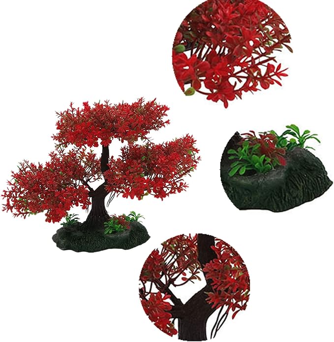 Aquarium Tree Trunk Large Plants Decorations, 5pcs Simulation Resin Cherry Blossom Tree & Aquatic Plants Aquarium Decor, Goldfish Tank Decorations Set, Fish Tank Hides Tree Decoration Kit (Red)