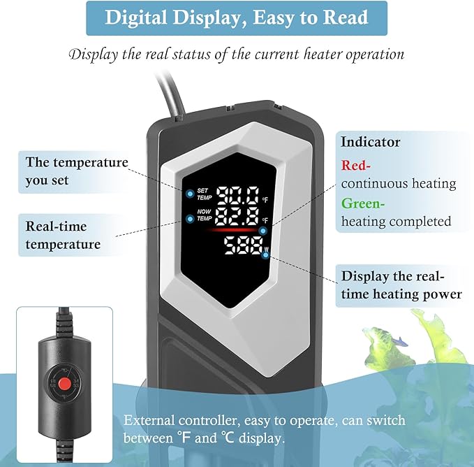HITOP 800W Titanium Aquarium Heater: Digital Fish Tank Heater with External Controller, Submersible Aquarium Heater with Over-Temperature Protection for Saltwater and Freshwater 100-250Gallon