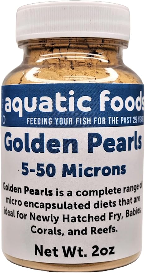 Golden Pearls 5-50 Microns (Powder) Newly Hatched Fry and Babies of Shrimp, Axolotls, Discus, Cichlids, Catfish, Tetras, Angel Fish, Guppies, Bettas, Corals, Reefs - 2oz Bottle