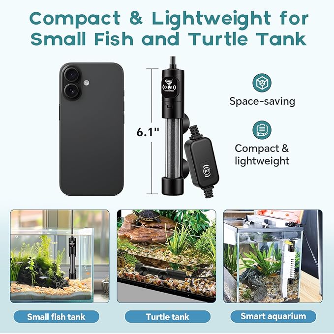 hygger 50W Submersible Aquarium Heater with Digital Temperature Controller, Mini Fish Tank Heater for 5–10 Gallon Tanks, Overheat & Out-of-Water Protection, Freshwater & Saltwater