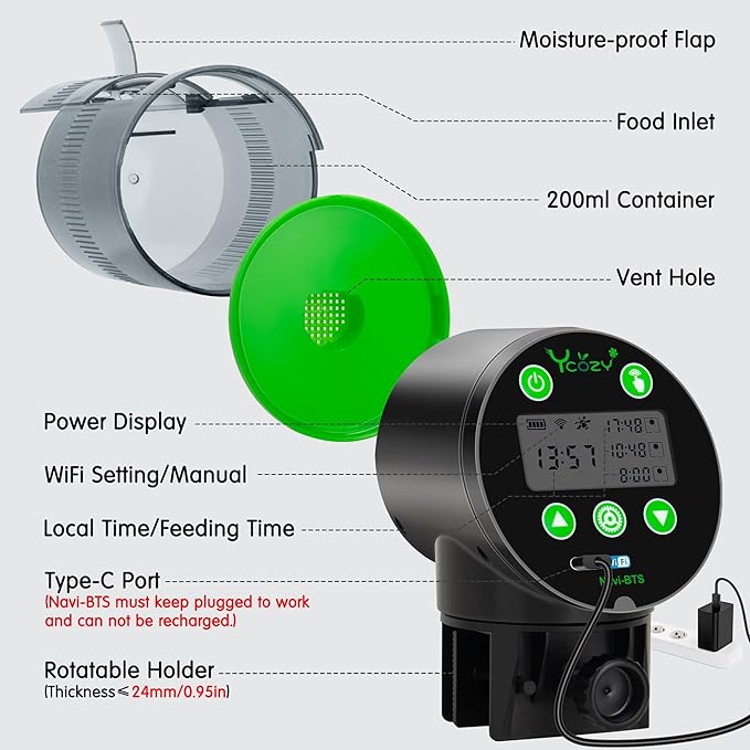 Ycozy WiFi Automatic Fish Feeder for Aquarium with Remote APP Control, Plug Powered, with Plug & USB-C Cable Vacation Auto Fish Food Dispenser for Small Tank/Betta/Turtle