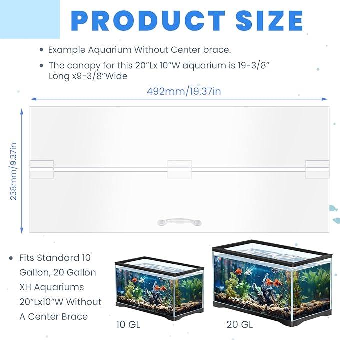 Sieral Aquarium Polycarbonate Canopy Set 19.37 x 9.37 x 0.12 Inch for 10/20 Gallon Without Center Brace Aquariums Cover Fish Tank Lid with a Hook Knife, Clear
