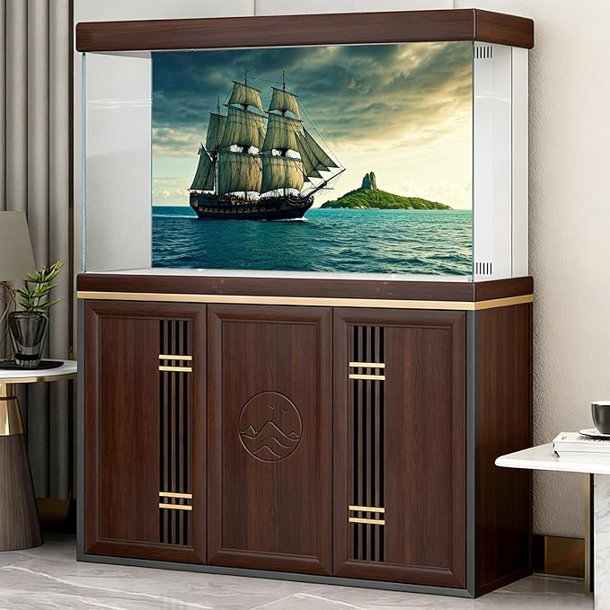Black Pearl Pirate Ship Aquarium Background Steampunk Artistic Sailboat Caribbean Sea Fish Tank Background Tropical Island Menacing Clouds Seascape Terrarium Backgrounds for Tank Decors 72x18in