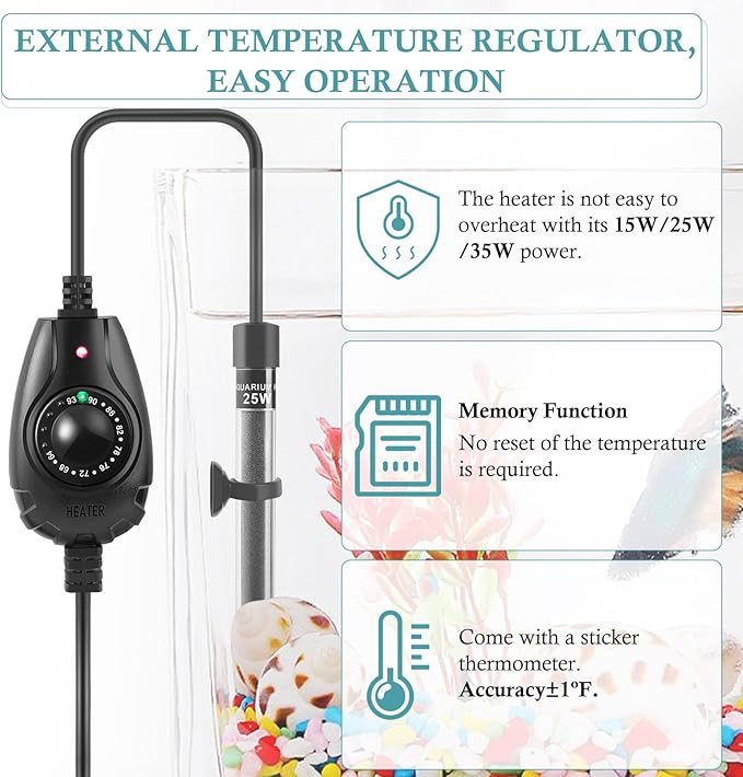 HITOP 15W Super Mini Aquarium Heater: Adjustable Heater for Small Fish Tank 1-4Gallons, with External Controller, Betta Heater for Fish Bowls(15W)
