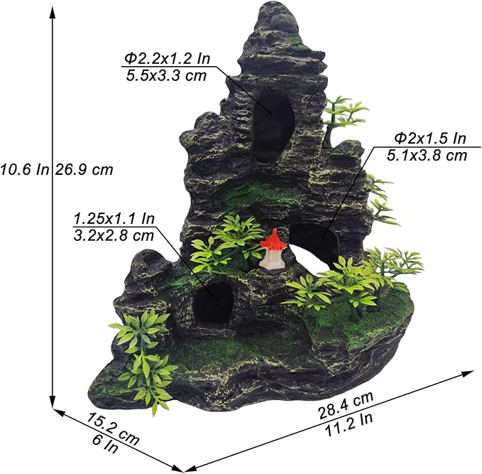 Large Aquarium Decoration Resin Fake Rock Mountain Ornament Landscape Castle Decoration Fighting Fish Reptiles Turtles Hiding Cave Fish Tank Ornaments Accessories - Height 10.7 inches (Green)