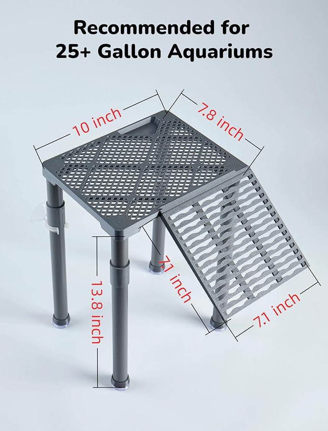 SolidForm Turtle Basking Platform with Ramp, Built-in Food Tray, Zero Zip-Tied, Non-Slip Ramp, 2 Adjustable Height Turtles Dock, for 25–75 Gallon Aquariums(11-in Width) Turtle Tank Accessories