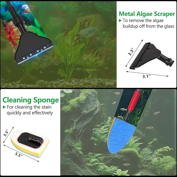 Aquarium Clean Tool 6 in 1 Fish Tank Cleaning Kit, Multi-Use Fish Tank Cleaner Brush, Algae Scraper Scrubber Pad Adjustable Long Handle Fish Tank Brush for 20-160 Gallon Acrylic & Glass Tank (L)
