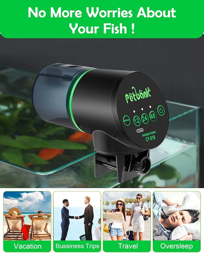Automatic Fish Feeder for Aquarium - Auto Fish Food Dispenser Rechargeable for Small Large Tank with USB Charger Cable，12/24/48H Interval Esay Set Up (Black, CY-019)