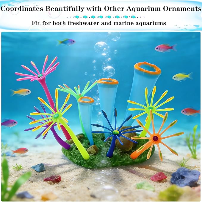 Glowing Effect Aquarium Fish Tank Decorations, Silicone Artificial Soft Anemone Coral Plants Ornaments for Aquarium Decor Landscape, Glow in Dark Fish Tank Accessories Decorations(Orange)