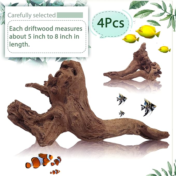 Tfwadmx Natural Driftwood for Aquarium Decor-4 Pieces 5-8" Assorted Driftwood,Fish Tank Drift Wood Decoration, Freshwater Wood Branches Ornament for Reptile Terrarium,Air Plants