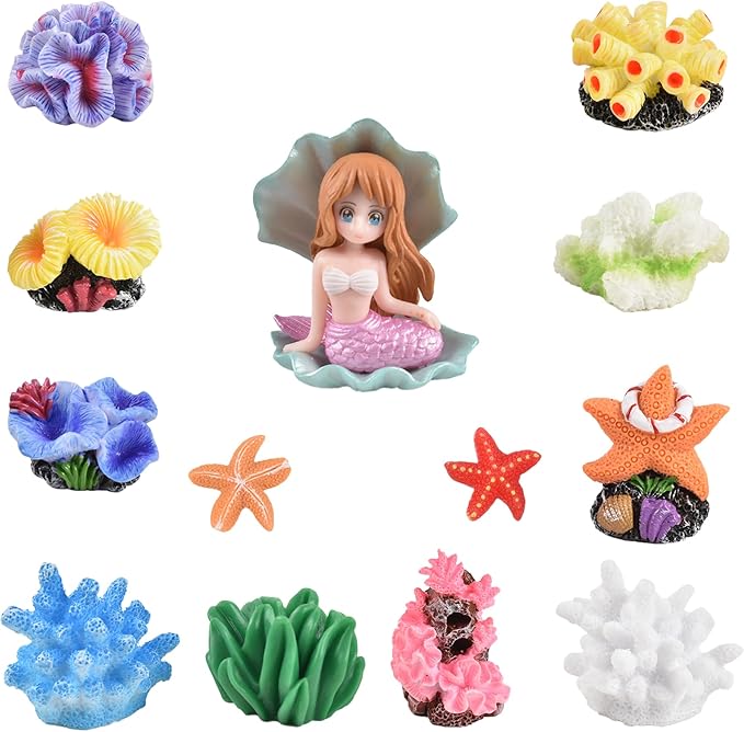 Micro Landscape Decor Coral 13PCS, Fake Coral Ornament Resin Mini Corals Starfish Shell Mermaid Miniature Corals Figurines for Aquarium Tank Decorations Miniature Moss Landscape DIY