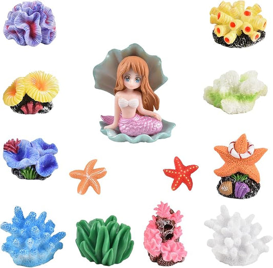 Micro Landscape Decor Coral 13PCS, Fake Coral Ornament Resin Mini Corals Starfish Shell Mermaid Miniature Corals Figurines for Aquarium Tank Decorations Miniature Moss Landscape DIY