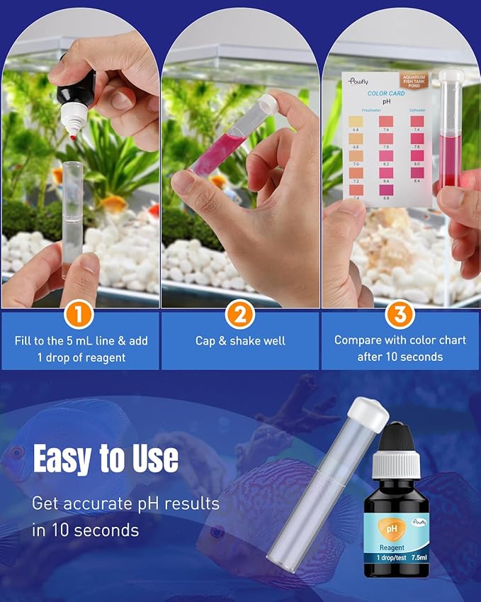 Pawfly Aquarium pH Test Kit, Accurate Fish Tank pH Testing Kit, Easy-to-Read pH Water Test Kit with Test Tube & Color Chart, Aquarium Liquid Test Kit for Freshwater & Saltwater