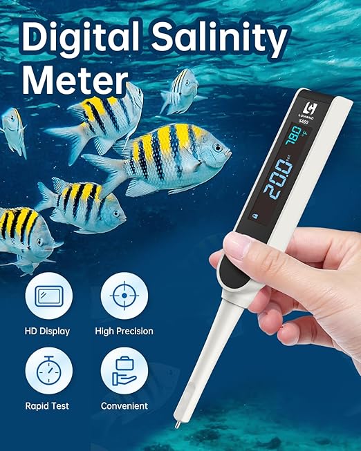 Salt Tester, Platinum Electrode & Concave Surface for Lab-Grade Accuracy, Digital Salinity Meter for Aquaculture/Saltwater/Aquarium, Range: 0-50ppt/1.000～1.037(SG)