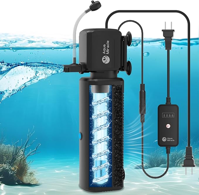 AquaMiracle Aquarium Filter with U - V Light & Filter Sponge, Fish Tank Filter with Timer for Green Water, Turtle Filter with Aeration & Rainfall Mode for Aquarium 80-200 Gallon