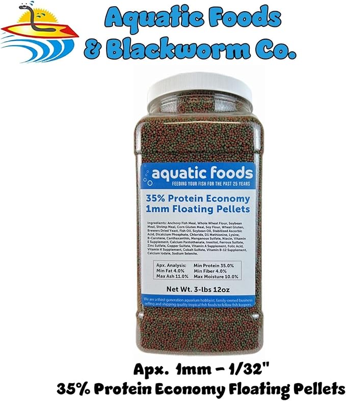 1mm - 1/32, 35% Protein Economy Floating Pellets for Tropical & Community Fish Tetras, Guppies, Angel Fish, Cichlids, Goldfish. All Tropical Fish - WL…3-lbs 12oz Jar