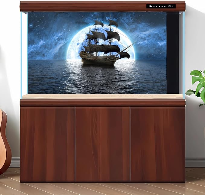 Ocean Sailboat Seascape Aquarium Background Cloudy Blue Night Sky Moon Fish Tank Background Pirate Ship Tranquil Misty Foggy Sea Scenery Terrarium Backgrounds for Tank Backgrounds Decors 48x24in