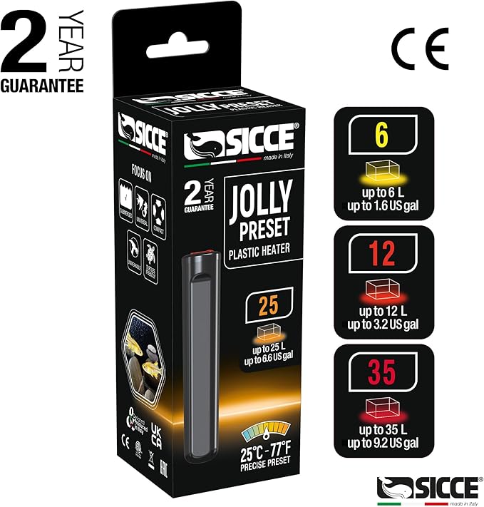 Sicce 12W Jolly Preset Small Submersible Aquarium Heater, Constant Temperature, Betta Fish Tank Heater Set to 77℉ for 1-4 Gallons Freshwater & Saltwater Tanks