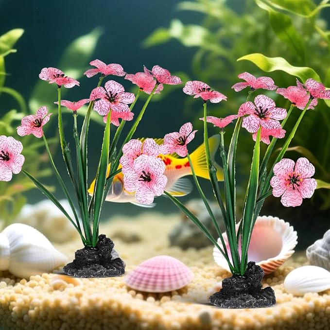 UKCOCO 2Pcs Artificial Aquarium Plants : Realistic Plastic Fish Tank Decorations, Pink Water Grass for Aquariums, 2.16x1.77x8.25in