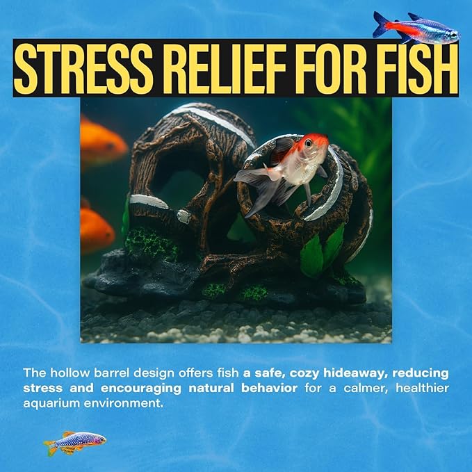 Colorful Resin Fish Tank Ornament with Multiple Hiding Spots, Safe Shelter for Small and Medium Aquariums, Stress-Relief Underwater Decor, Easy to Clean (2 Oak Barrels)
