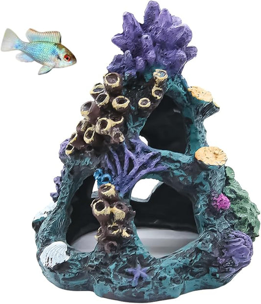 Colorful Resin Fish Tank Ornament with Multiple Hiding Spots, Safe Shelter for Small and Medium Aquariums, Stress-Relief Underwater Decor, Easy to Clean (Coral Reef)