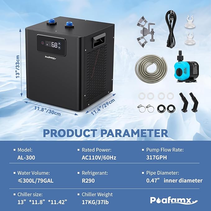 Poafamx Aquarium Chiller 1/3 HP, 79Gal Water Chiller with Upgraded LED Display, Water Pump and Pipe, Quiet Aquarium Cooler for Fish Tank Axolotl Coral Hydroponics System