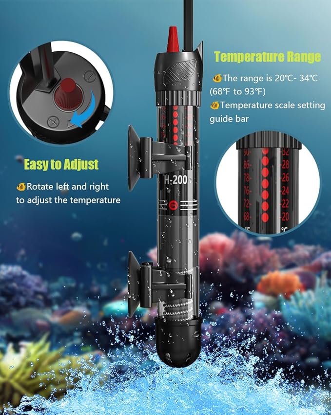 KINGYEENUO Aquarium Heater 50W, 20 Gallons Tank Submersible Aquarium Heater, Temperature Adjustable, Betta Turtle/Fish Tank Heater, Built-in Thermostat Control, with Extra Sucker Cup