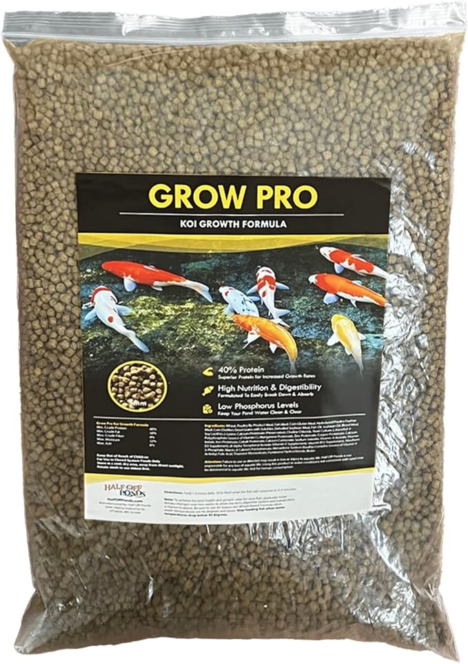 HALF OFF PONDS Grow Pro Koi Fish Food - 5 lb Floating Pellets, 5mm Size - Goldfish Food for Ponds - 40% Protein with Fish Meal & Probiotics - Designed for Rapid Growth & High Digestibility
