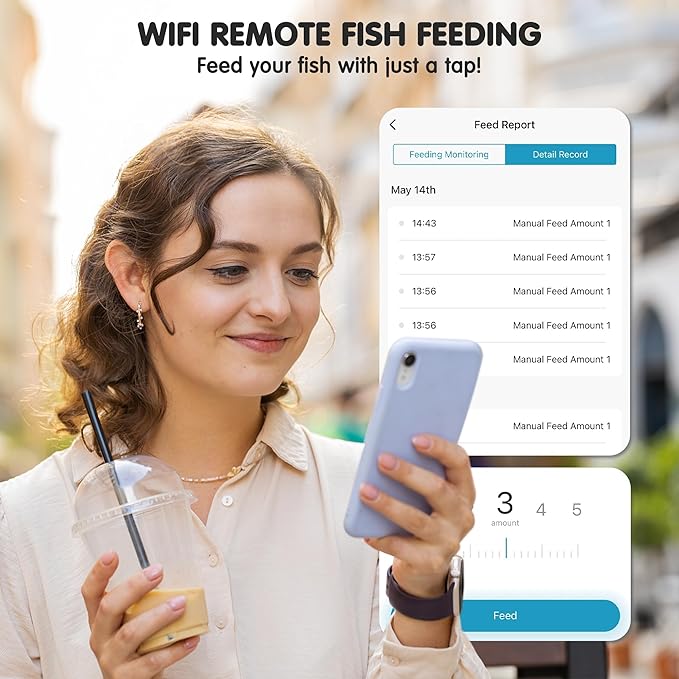 Ycozy WiFi Automatic Fish Feeder for Aquarium with Remote APP Control, Plug Powered, with Plug & USB-C Cable Vacation Auto Fish Food Dispenser for Small Tank/Betta/Turtle
