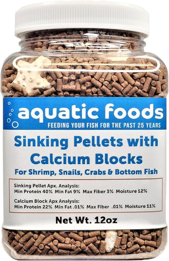Calcium Blocks Included with Sinking Shrimp Pellets 40% Protein, 1/16" x 3/8" Pellets for Shrimp, Snails, Crabs, Catfish, Plecos, All Tropical Fish, Zeigler..12oz Small Jar