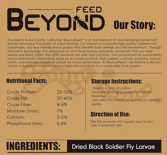 BeyondFeed™ Premium Dried Black Soldier Fly Larvae - High Calcium Supplement for Stronger Eggshells & Molting Recovery - Whole, Large Grubs (Superior to Mealworms) for Chickens, Ducks & Reptiles