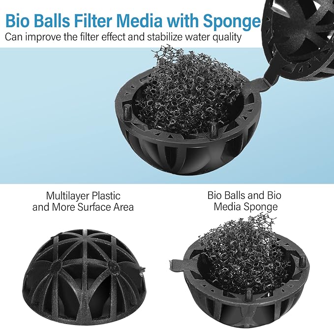 CHENGU 500 Pieces Bio Filter Balls Black Bio Balls for Aquarium Pond Filters Bulk 1.02 Inch Internal Bioball Media with 5 Pieces Filter Media Mesh Bags with Zipper for Aquarium Fish Tank Pond
