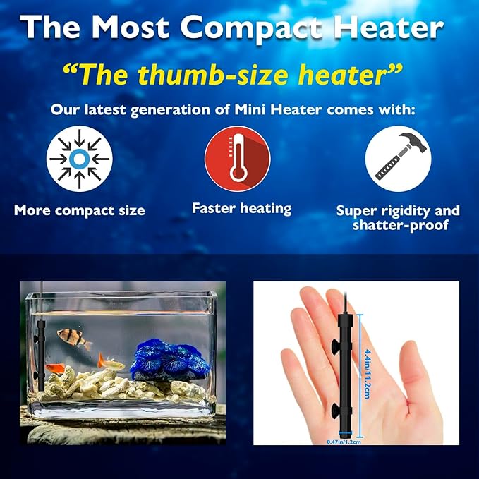 50W Small Aquarium Heater Betta Heater for 5-10 Gallon Freshwater & Saltwater Tanks, Alumina Ceramic Fish Tank Heater Turtle Heater with Dry-Run & Overheat Protection