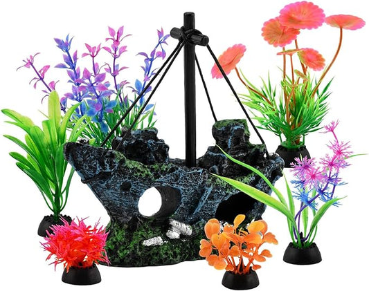 7PCS Fish Tank Sunken Ship Decoration Resin Shipwreck Aquarium Decor Fish Tank Plants Accessories for Natural Look(Color:Color)