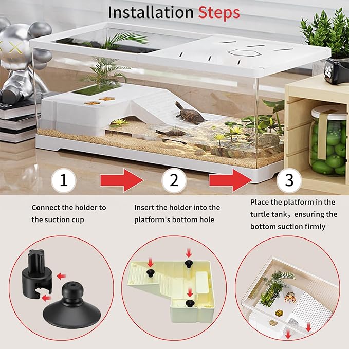 Turtle Fish Tank with Basking Platform and Bottom Drainage, 11.8" x 7" x 7.3" Aquatic Turtle Tank for Juvenile Turtle, Crayfish, Crabs, Amphibians, Reptiles, PC Material, White Color