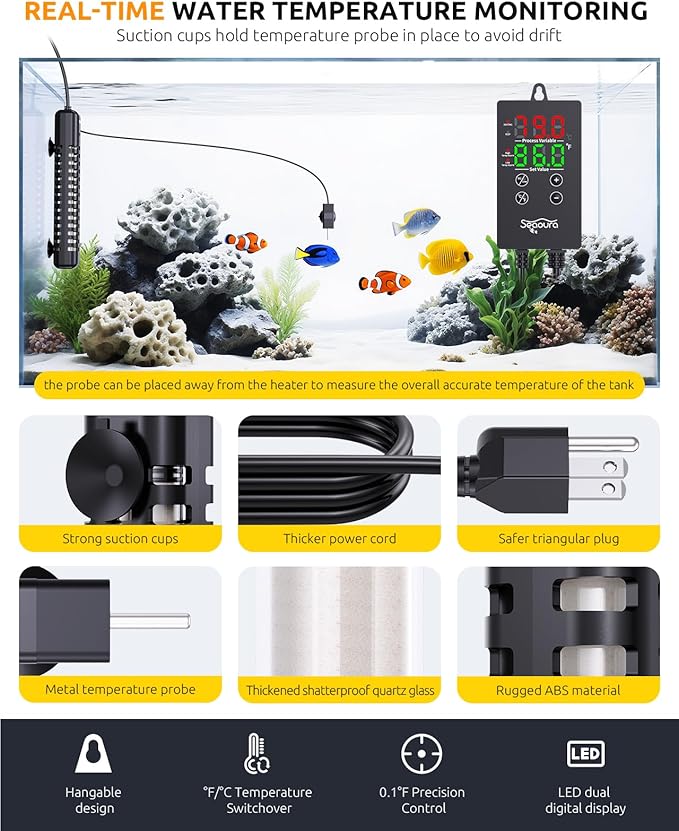 SEAOURA Aquarium Heater, 200W Fish Tank Heaters for 30-40 Gallon, Submersible Turtle Heater with LED Controller, Safety Protection & Auto Power-Off, Saltwater Freshwater