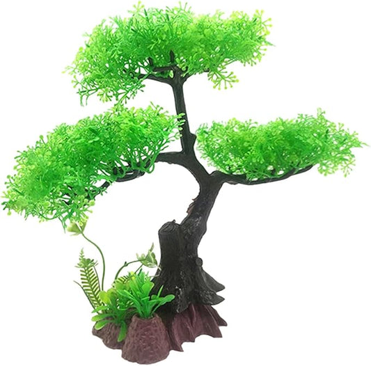 Aquarium Artificial Plants Decor, Cherry Blossom Tree with Grass Set, Pink Plastic, 9.44x3.54x2.75 Inches, for Nature Underwater Landscape (Green)