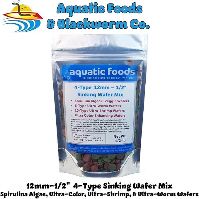 4-Type Ultra Mix of 1/2" - 12mm Sinking Wafers, Spirulina-Algae, Worm, Shrimp, Intense Color Enhancing Wafers for Plecos, Shrimp, Snails, All Tropical Fish - 1/2-lb