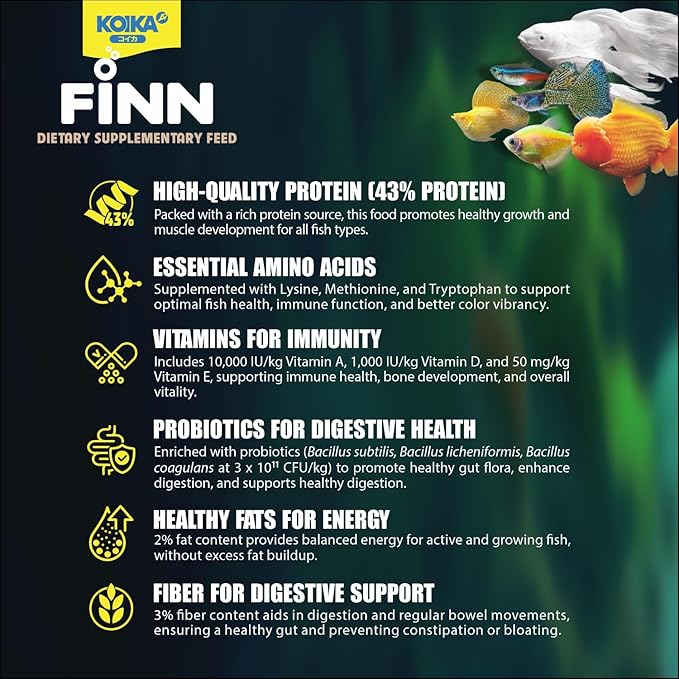 KOIKA FINN Probiotic Fish Food Pellets for Ornamental Fish, 43% Protein with Bacillus Probiotics, Supports Digestion and Immune Health for Daily Feeding (250g, Koi Carp - 4.0mm Pellets)