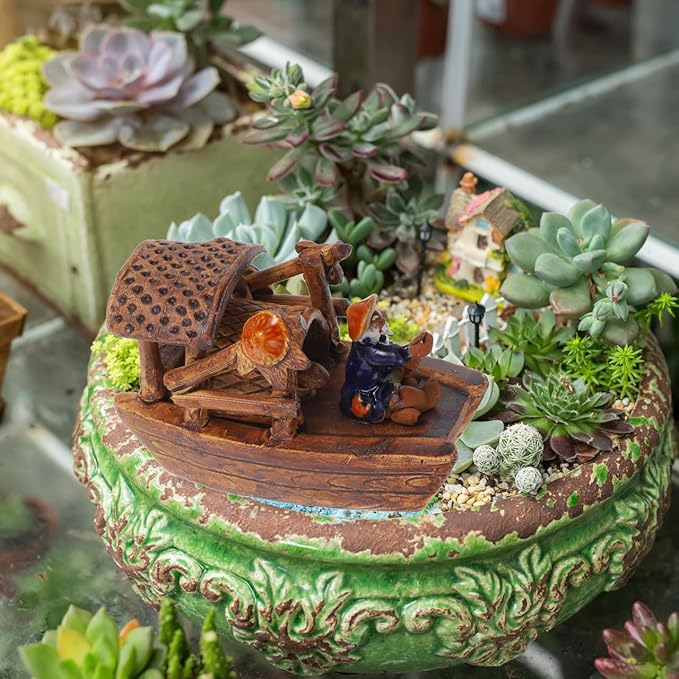 Didiseaon Micro Boat Figurine Landscape for Fish Tank, 3Inch Mini Ceramic Vintage Boat Ornament for Garden Bonsai Sand Table Crafts