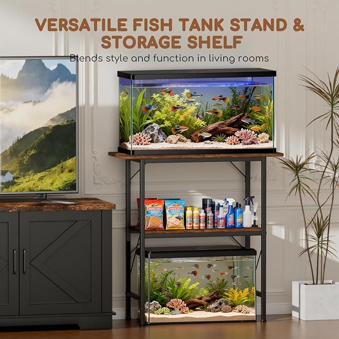 20-29-30 Gallon Fish Tank Stand with Storage Shelves, 2-Tier Aquarium Stand with Metal Frame, Heavy Duty Reptile Turtle Tank Stand for Home Office, 30" L x 11.8" W x 30.5" H, Rustic Brown