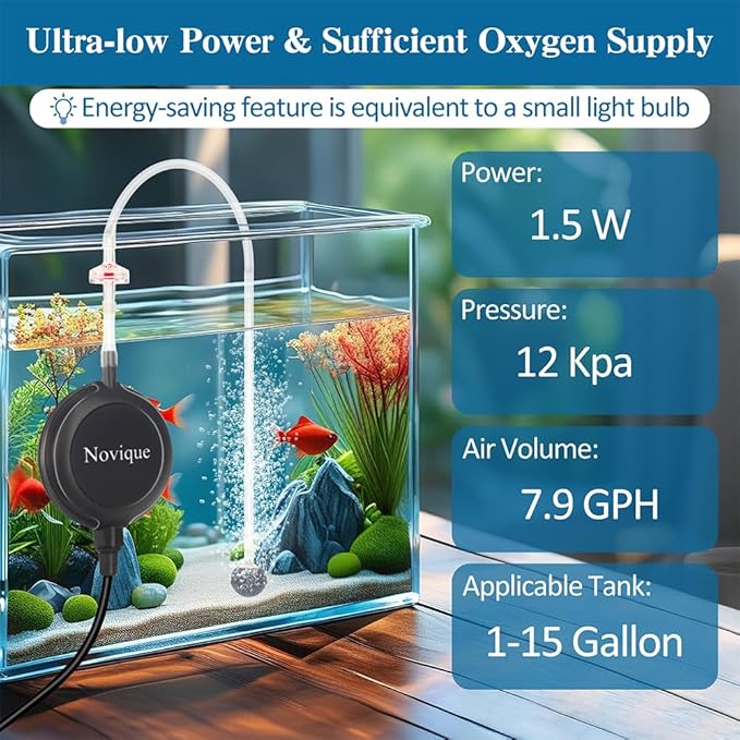 Nano Ultra Quiet Aquarium Air Pump 1.5W Mini Oxygen Aerator with Accessories for 1-15 Gallon Fish Tank Super Silent Black