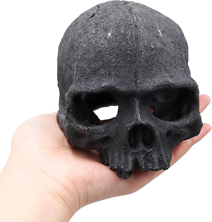 Oooct Resin Skull Sculpture, Black, Reptile Hideout for Fish, Bearded Dragon, Ball Python, Leopard Gecko, 4.7 x 3.5 x 3.7 Inch