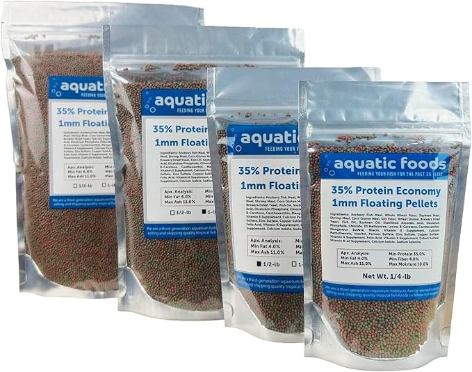 1mm - 1/32, 35% Protein Economy Floating Pellets for All Community Fish, Tetras, Guppies, Angel Fish, Cichlids, Goldfish. All Tropical Fish - WL…1/2-lb Foil Pouch Bag