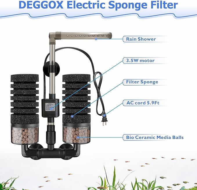 Aquarium Electric Sponge Filter with Submersible Water Pump Silence Motor for Shrimps,Bettas with Bio Ceramic Media Balls and 2 Spare Sponge,Venturi Nozzle and Rain Mode (S for 10-20 Gal)