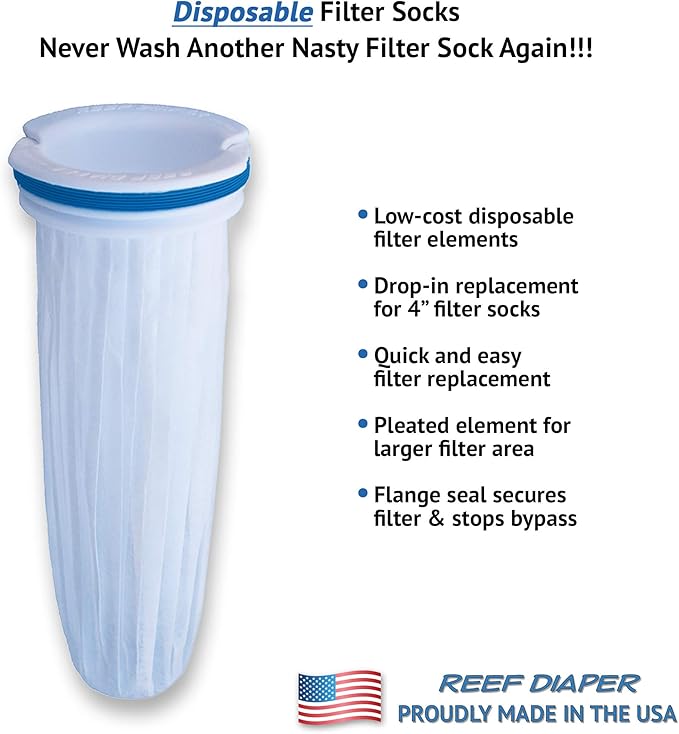 Disposable Filter Socks, Replaces Standard 4" Felt Socks, Freshwater and Saltwater Compatible, Starter Kit Includes 2ea Flange Assemblies & 10ea Filter Elements
