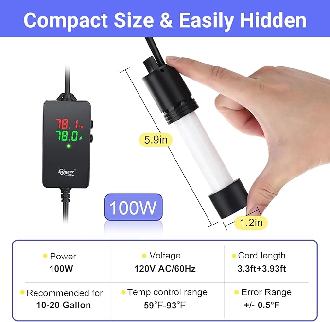 hygger ECO Precise Aquarium Submersible Heater, 100W for 10-20 Gallon Fish Tank Heater with Digital Display Adjustable Controller for Marine Saltwater Freshwater
