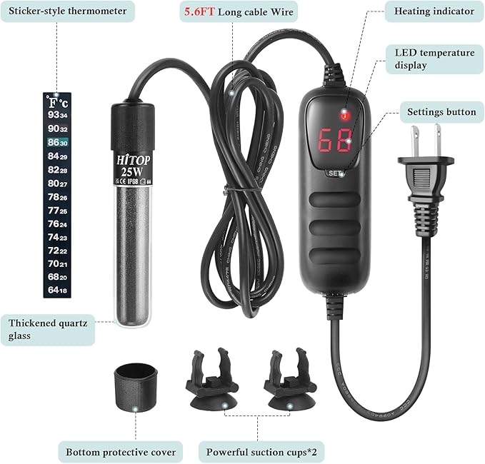 HITOP Compact Submersible Aquarium Heater -25W Digital Heater for Fish Tank Turtle Tank, for Saltwater and Fresh Water with Temperature Controller