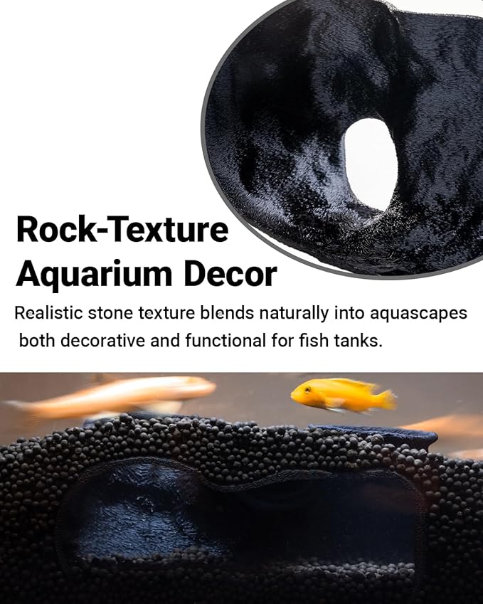 Dual-Entrance Rock-Texture Cave – Fish Tank Shelter & Aquarium Decor with 2 Tunnels, 6×3.4×2.3in (Black)
